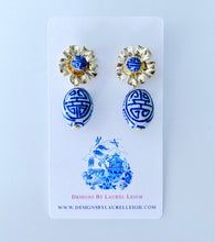 Load image into Gallery viewer, Blue and White Chinoiserie Earrings with Gold Floral Posts - Ginger jar