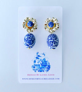 Blue and White Chinoiserie Earrings with Gold Floral Posts - Ginger jar
