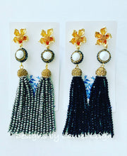 Load image into Gallery viewer, Dressy Floral and Pearl Beaded Tassel Statement Earrings - Gold/Black Or Gold/Silver - Designs by Laurel Leigh