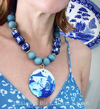 Load image into Gallery viewer, Chinoiserie Canton Watercolor Pendant Statement Necklace - Spa Blue - Ginger jar