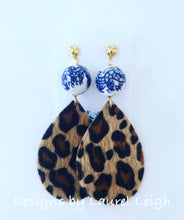 Load image into Gallery viewer, Chinoiserie FAUX Leather Leopard Print Statement Earrings - Designs by Laurel Leigh
