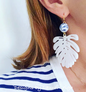 Chinoiserie Tropical Monstera Palm Leaf Statement Earrings - White - Ginger jar