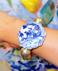 Chunky Gold Chinoiserie Focal Bead Bracelet - Chinoiserie jewelry