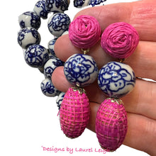 Load image into Gallery viewer, Pink Raffia Chinoiserie Drop Earrings - Chinoiserie jewelry