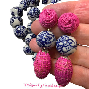 Pink Raffia Chinoiserie Drop Earrings - Chinoiserie jewelry