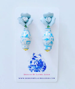 Wedgwood Blue and White Chinoiserie Rosebud Ginger Jar Earrings - Ginger jar
