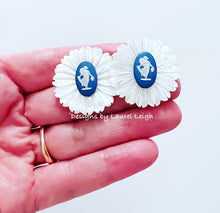 Load image into Gallery viewer, Wedgwood Royal Blue Cameo Pearl Chrysanthemum Studs - Chinoiserie jewelry