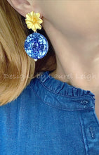 Load image into Gallery viewer, Blue &amp; White Chinoiserie Coin Earrings with Gold Floral Posts - 2 Options - Ginger jar