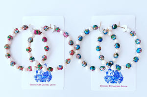 Cloisonné & Pearl Hoop Earrings - Chinoiserie jewelry