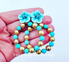 Load image into Gallery viewer, Turquoise &amp; Gold Floral Hoops - Chinoiserie jewelry