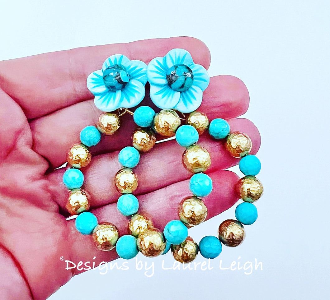 Turquoise & Gold Floral Hoops - Chinoiserie jewelry