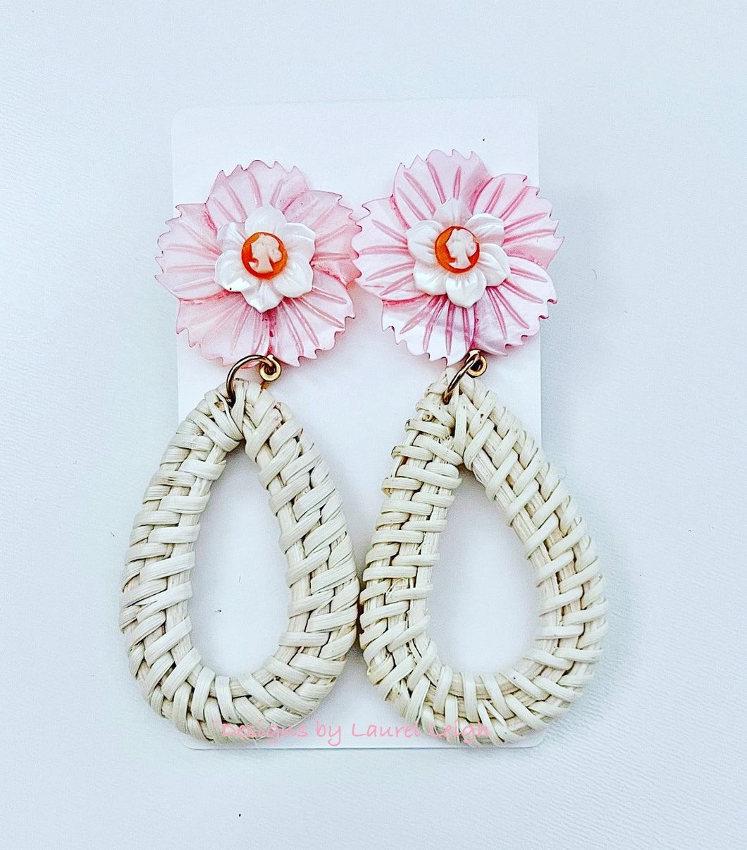 Pink/Orange Floral Cameo Rattan Earrings - Chinoiserie jewelry