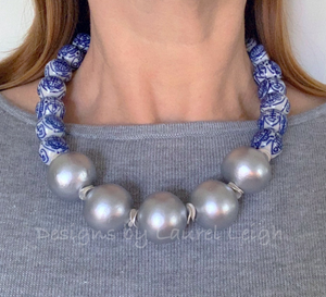 Blue and White Chinoiserie with Jumbo Pearl Chunky Statement Necklace - Silver - Designs by Laurel Leigh