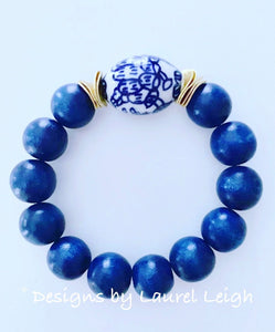 Blue and White Chinoiserie Floral Calligraphy Bead Statement Bracelet - Lapis Lazuli Gemstones - Designs by Laurel Leigh