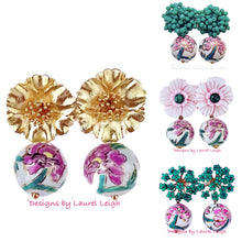 Load image into Gallery viewer, Pink &amp; Green Peony Drop Earrings - Chinoiserie jewelry