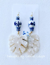 Load image into Gallery viewer, Chinoiserie Tortoise Shell Tropical Palm Leaf Statement Earrings - White Pearl - Designs by Laurel Leigh