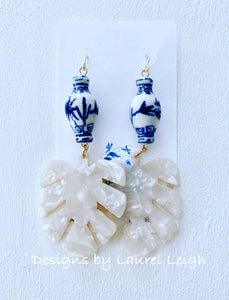 Chinoiserie Tortoise Shell Tropical Palm Leaf Statement Earrings - White Pearl - Designs by Laurel Leigh