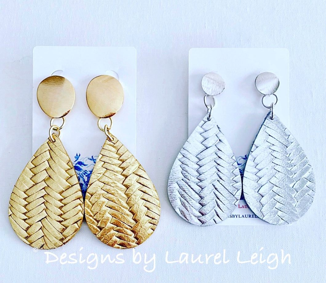 Leather Basketweave Statement Earrings - Gold or Silver - Designs by Laurel Leigh