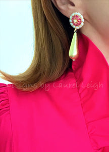 Gold Teardrop Earrings - Pink Gemstone Pearl Posts - Ginger jar