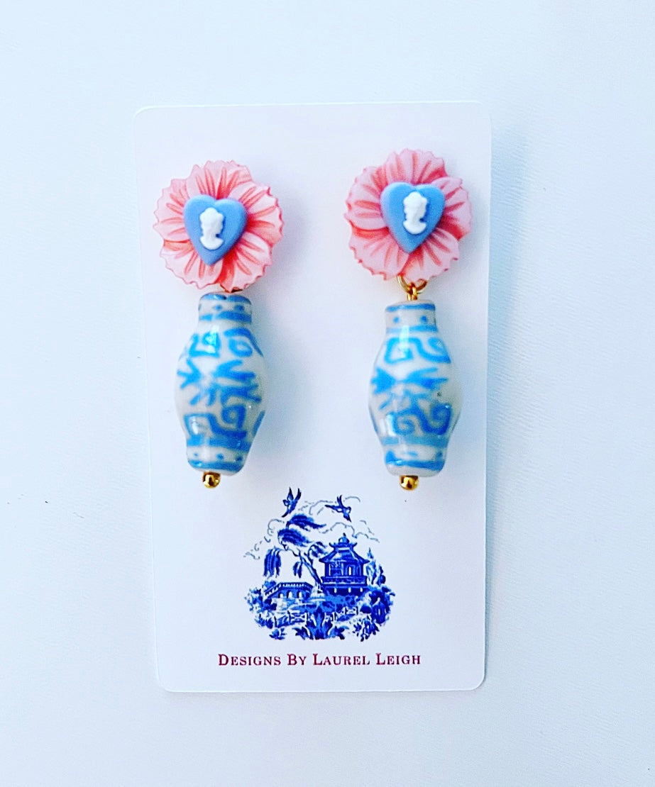 Wedgwood Blue & Pink Cameo Ginger Jar Earrings - Chinoiserie jewelry