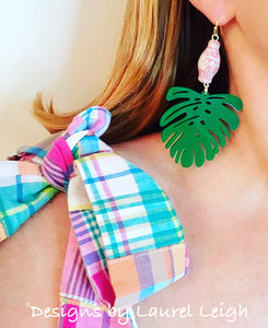 Chinoiserie Pink Ginger Jar Monstera Tropical Palm Leaf Earrings - 3 Colors - Ginger jar