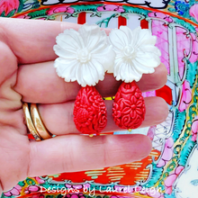 Load image into Gallery viewer, Pearl Flower &amp; Red Cinnabar Earrings - Chinoiserie jewelry