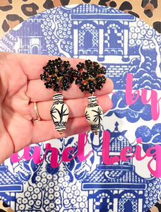 Black Chinoiserie Ginger Jar Hydrangea Blossom Earrings - Chinoiserie jewelry