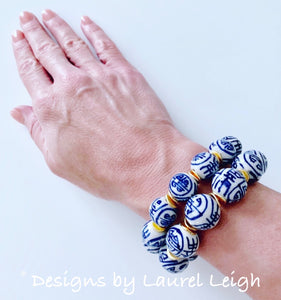 Blue & White Chinoiserie Longevity Bead Bracelet- 2 Sizes - Ginger jar