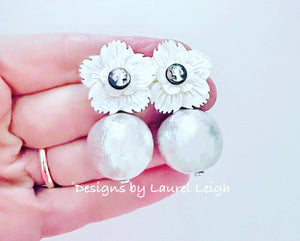 White & Silver Cameo Pearl Floral Earrings - Chinoiserie jewelry