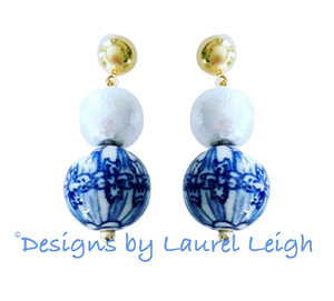 Chinoiserie Orchid & Pearl Drop Earrings - Chinoiserie jewelry