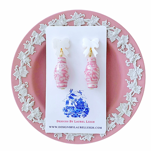 Pink Ginger Jar Pearl Bow Earrings - Chinoiserie jewelry