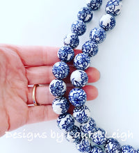Load image into Gallery viewer, Blue &amp; White Floral Chinoiserie Double-Strand Statement Necklace - Orchid Flower - Ginger jar