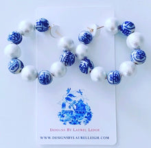 Load image into Gallery viewer, Chinoiserie Longevity Bead and Pearl Hoops - Blue &amp; White - 3 Styles - Ginger jar