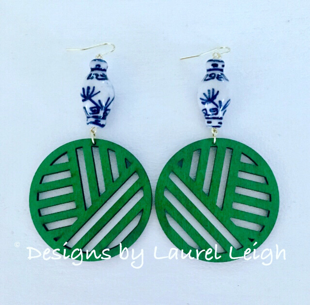 Chinoiserie Chippendale Ginger Jar Statement Earrings - Green - Designs by Laurel Leigh