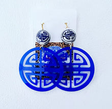 Load image into Gallery viewer, Blue &amp; White Chinoiserie Longevity Earrings - Chinoiserie jewelry