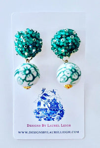 Green Floral Chinoiserie Hydrangea Drop Earrings - Chinoiserie jewelry