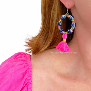 Chinoiserie Multi Hot Pink Tassel Hoop Earrings - Chinoiserie jewelry