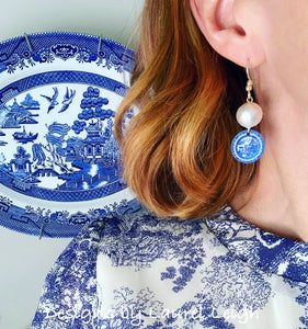Blue Willow and Pearl Drop Earrings - Two styles - Ginger jar