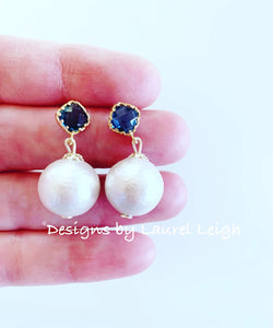 Blue Sapphire Stone and Pearl Earrings - Ginger jar