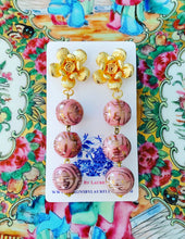 Load image into Gallery viewer, Gold and Rose Pink Floral Chinoiserie Triple Drop Earrings - Ginger jar
