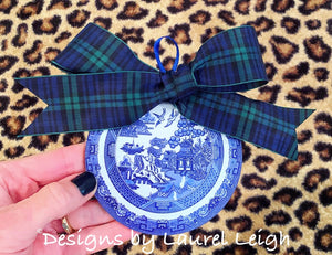 Blue Willow Plate Christmas Ornament 4” - Pick Ribbon - Ginger jar