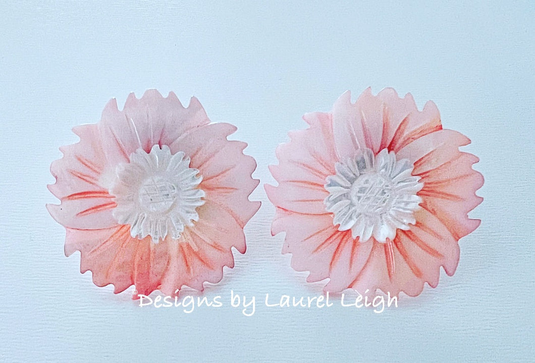 Pink & White Pearl Sunflower Flower Earrings - Chinoiserie jewelry