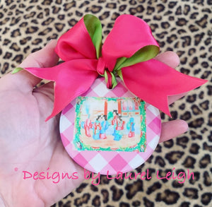 Rose Medallion Watercolor Two-Sided Christmas Ornament - Gingham in Two Colors - Ginger jar