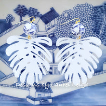 Load image into Gallery viewer, Chinoiserie Tropical Monstera Palm Leaf Statement Earrings - White - Ginger jar