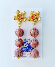 Load image into Gallery viewer, Gold and Rose Pink Floral Chinoiserie Triple Drop Earrings - Ginger jar