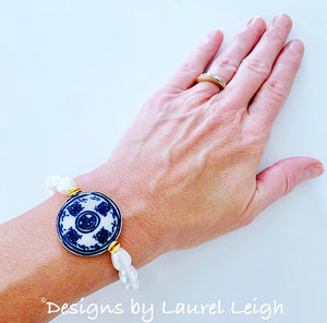 Chinoiserie Coin Bead & Freshwater Pearl Bracelet - White or Peacock Pearls - Ginger jar