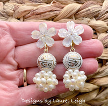 Load image into Gallery viewer, Gold and White Chinoiserie Floral Pearl Earrings - Ginger jar