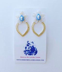 Wedgwood Blue Cameo & Mother of Pearl Earrings - Gold Scalloped - Ginger jar