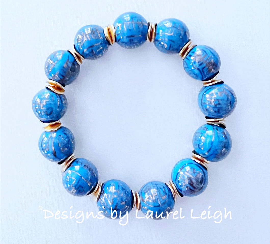 Chinoiserie Hydrangea Blue & Gold Accent Bracelet - Chinoiserie jewelry