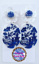 Load image into Gallery viewer, Blue Willow Pearl Chinoiserie Flower Earrings - Chinoiserie jewelry